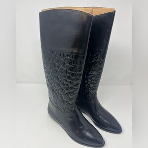 9 West Nine West Margot Black Tropic 7.5 Leather Riding Boots Textured VTG NEW